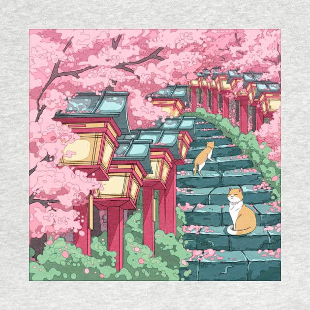 The Japanese shrine, cats, and pink sakura blossom by AnGo